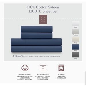 Ella Jayne Navy King Size 100% Cotton Sateen Sheet Set - 4 Piece
